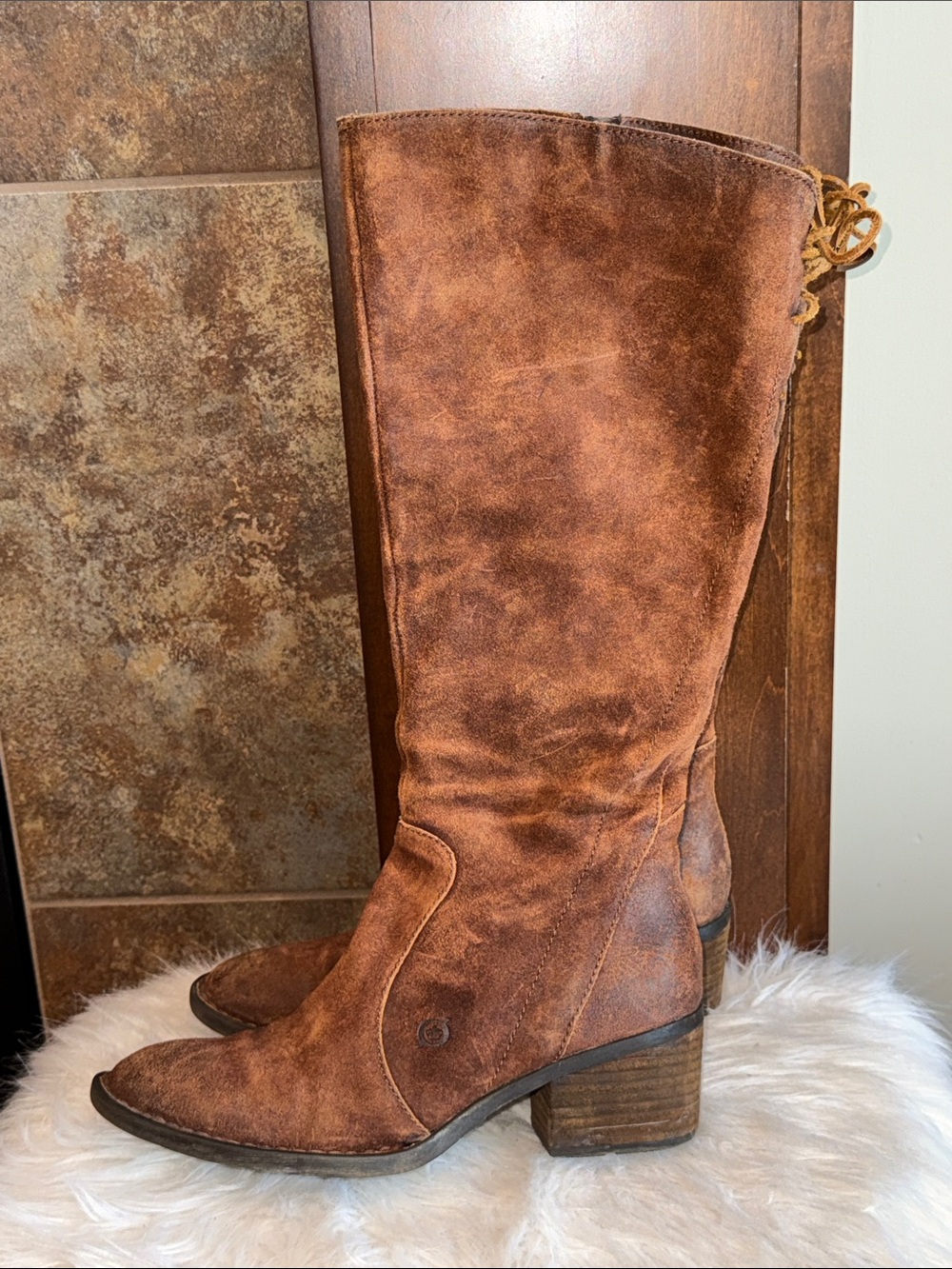 Born Brown Distressed Suede Tall Boots Lace Up Back Boho 8.5 Western Riding